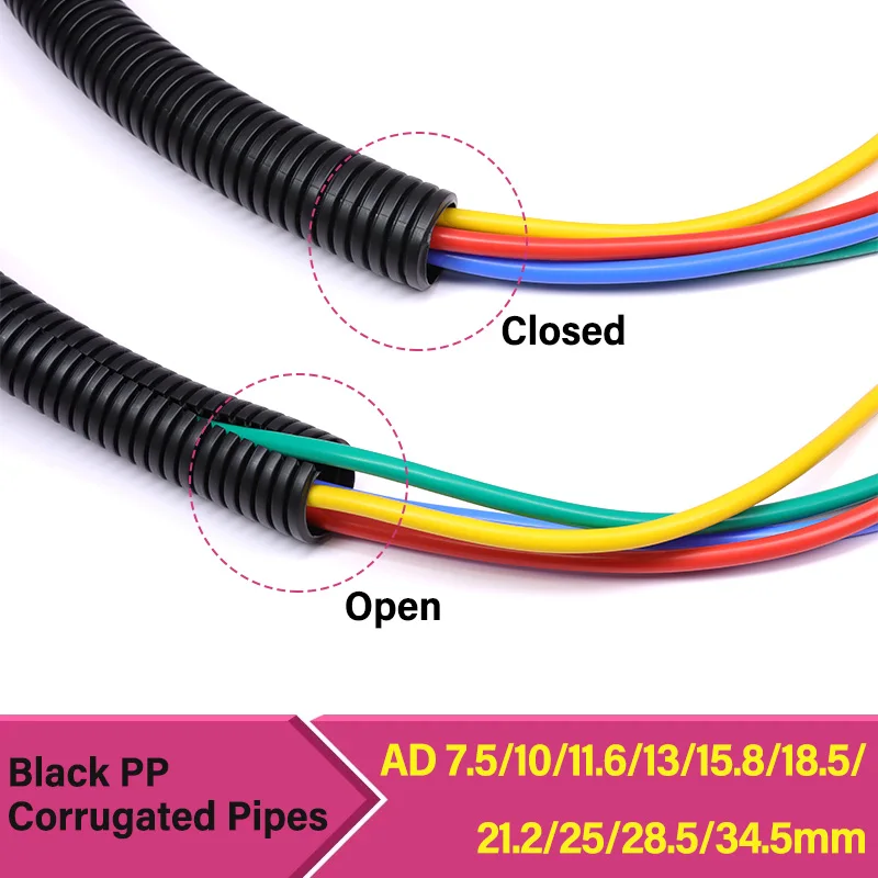

Black AD7.5~34.5mmPP Insulated Corrugated Tube Auto Line Pipe Harness Motor Electrical Wire Threading Plastic Protection Sleeve
