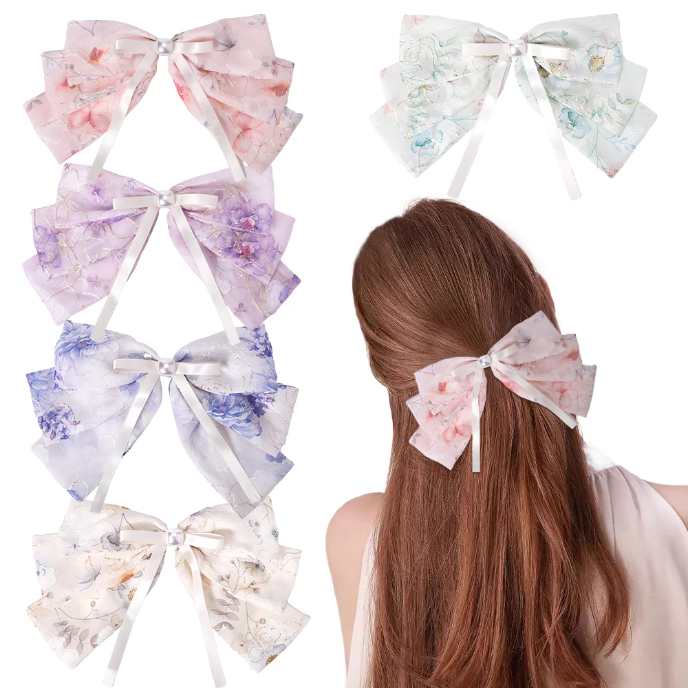 New Satin Pearl Big Bow Hairpin Chinese Style Floral Smudged Print Spring Clip Gentle Temperament Women Headwear