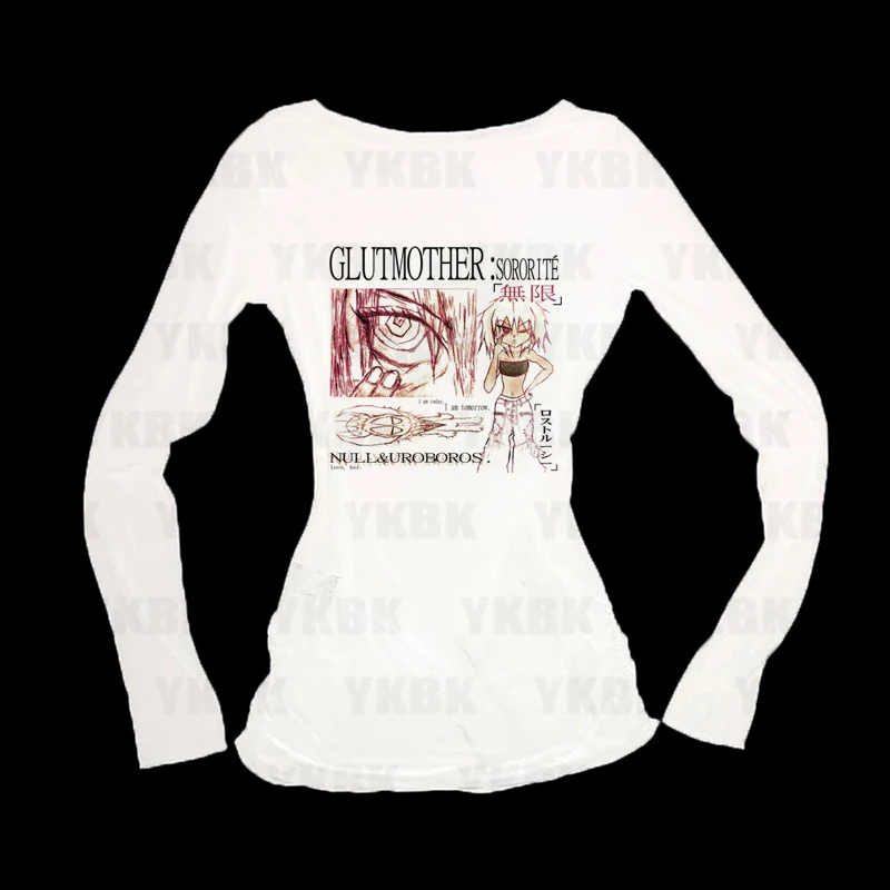 Weißes T-Shirt mit Anime-Print für Damen, Herbst 2000er Jahre Streetwear, Langarm, O-Ausschnitt, Y2K-Top, Harajuku-Mode, Lässige Oberteile für Mädchen