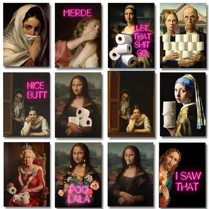 Funny Bathroom Toilet Mona Lisa Wearing Pearls Girl with Roll Paper Poster Print Canvas Painting Wall Art Living Room Home De