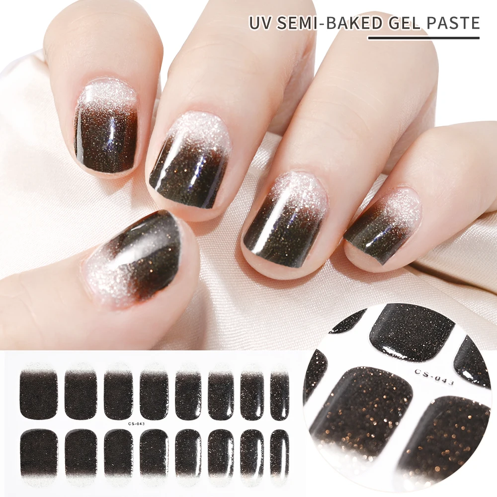 2024 # Neue halbgehärtete Gel-Nagelaufkleber, langlebig, einfarbig, Nagelstreifen, UV-Lampe, ausgehärtete Maniküre-Gel-Aufkleber, 16 Tipps