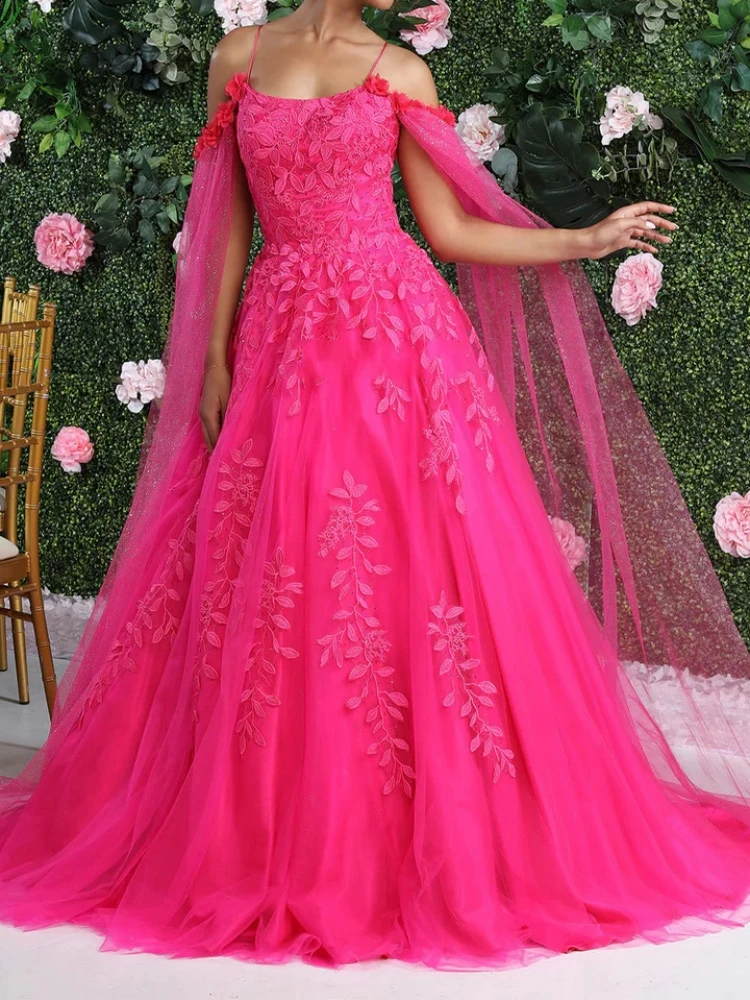 

Elegant Fuchsia Women Formal Evening Dresses Off Shoulder Lace Applique A Line Long Wedding Party Dress 16 Prom Occasion Wear