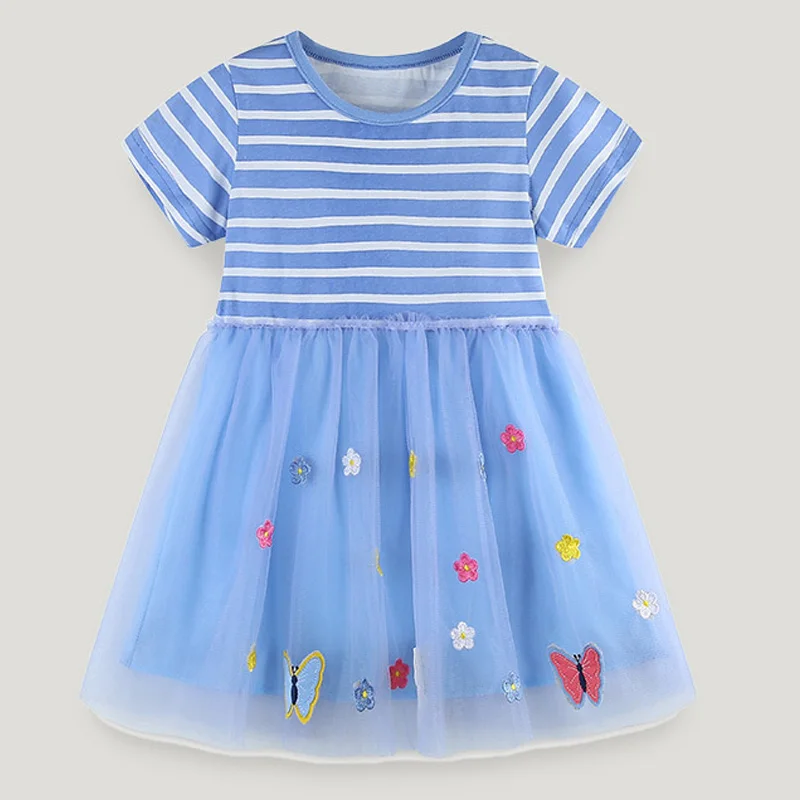 

Летнее платье для девочек, детское платье принцессы с вышивкой в ​​виде бабочек и цветов, детская модная одежда из полосатого тюля, модная одежда