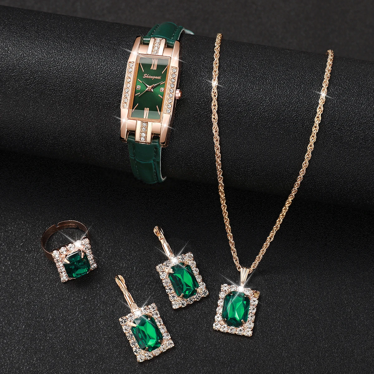 ساعة كوارتز مستطيلة من جلد البولي يوريثين للنساء مع مجموعة مجوهرات غير مدرجة ، الموضة ، 5 في كل مجموعة