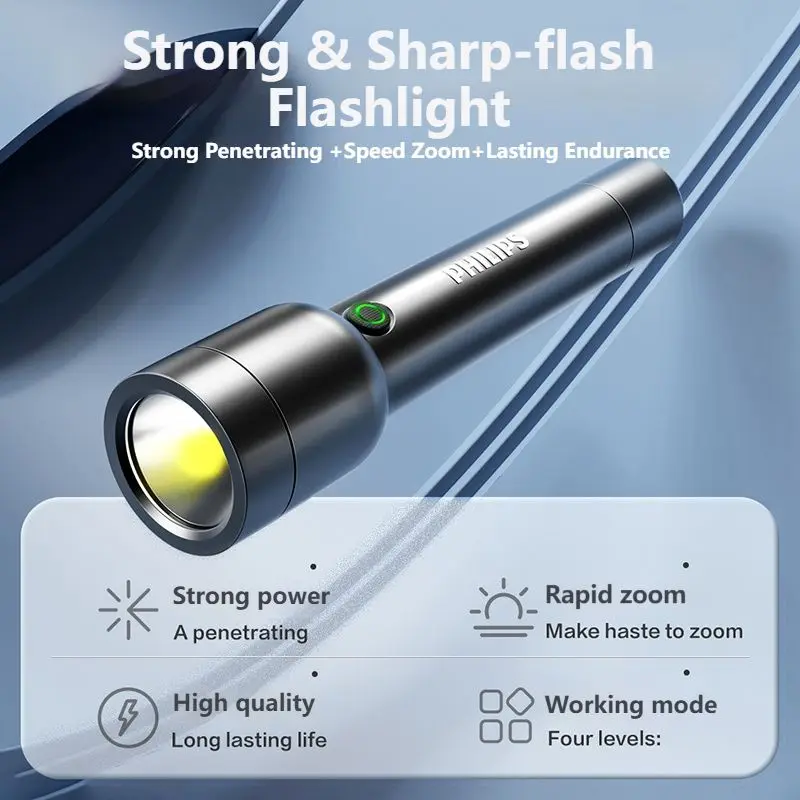 Philips SFL1236 Rechargeable LED Flashlight 4 Modes Multifuntion Self Defense Camping Lights Powerful Long Range Flashlight