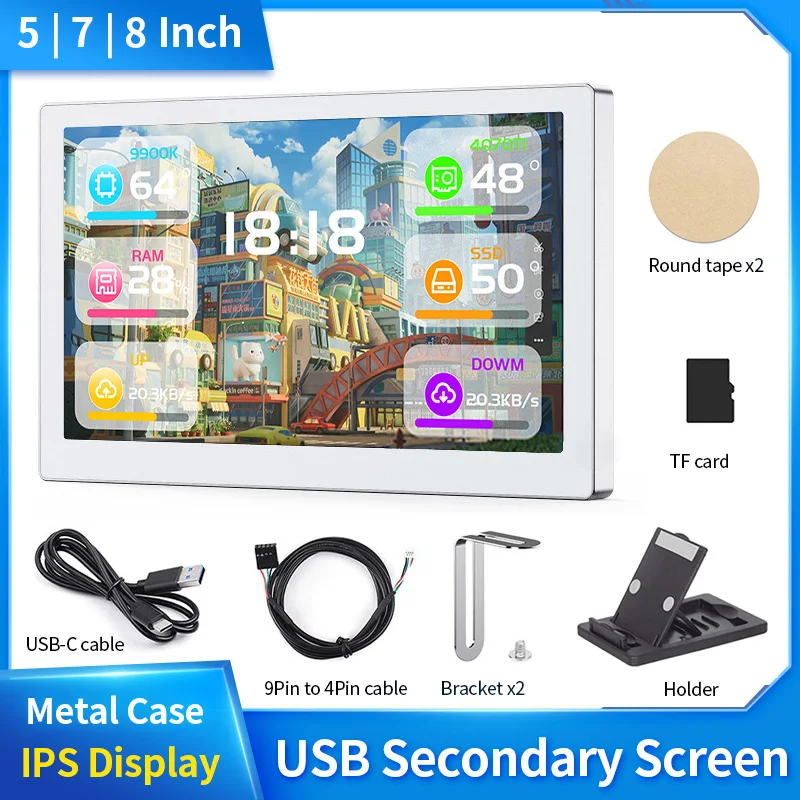 5 / 7 Inch USB IPS Secondary Screen 800x480 1024x600 Monitor CPU RAM GPU Monitoring with CNC Metal Case Music Spectrum Analysis