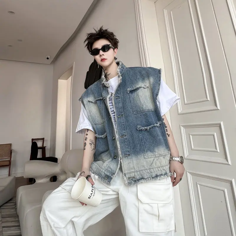 Summer Korean i design feeling denim vest men's Korean version internet celebrity retro distressed washed design jacket