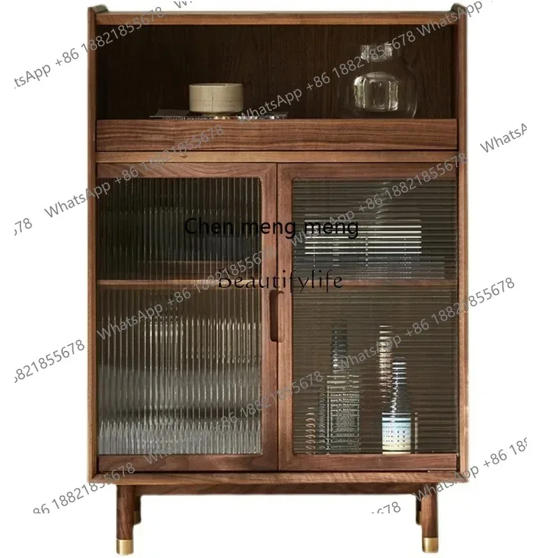

New style Solid wood wine cabinet black walnut modern simple living room display glass storage side cabinet ss 8617