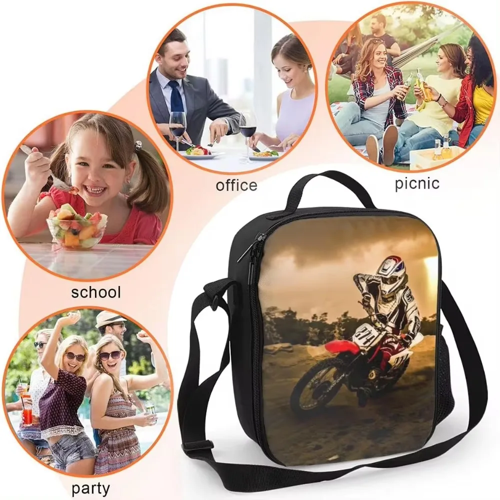 Dirt-Bike Motocross Insulated Lunch Bag Lightweight Motorcycle Reusable Thermal Lunch Bags Motorcyclist Cooler Tote for Boys Men