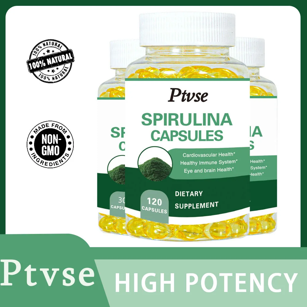 Cápsulas naturales de espirulina y clorofila, 2000mg, salud cardiovascular, salud de ojos y cerebro, vitamina B12 K1, musgo marino vegetariano