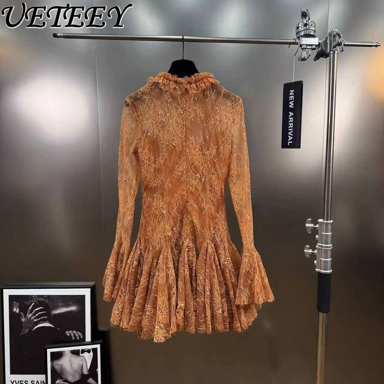 Nicho francês renda fino ajuste queimado vestido de manga longa para mulheres gola emagrecimento elegante plissado vestidos curtos inchados