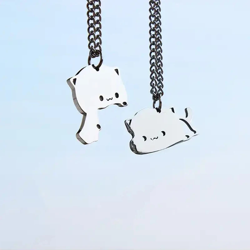 Kawaii Touching Embracing Cat Puzzle Couple Necklace And Keychains For Women Men Cute Cartoon Animal Kitten Clavicle Chain Roman