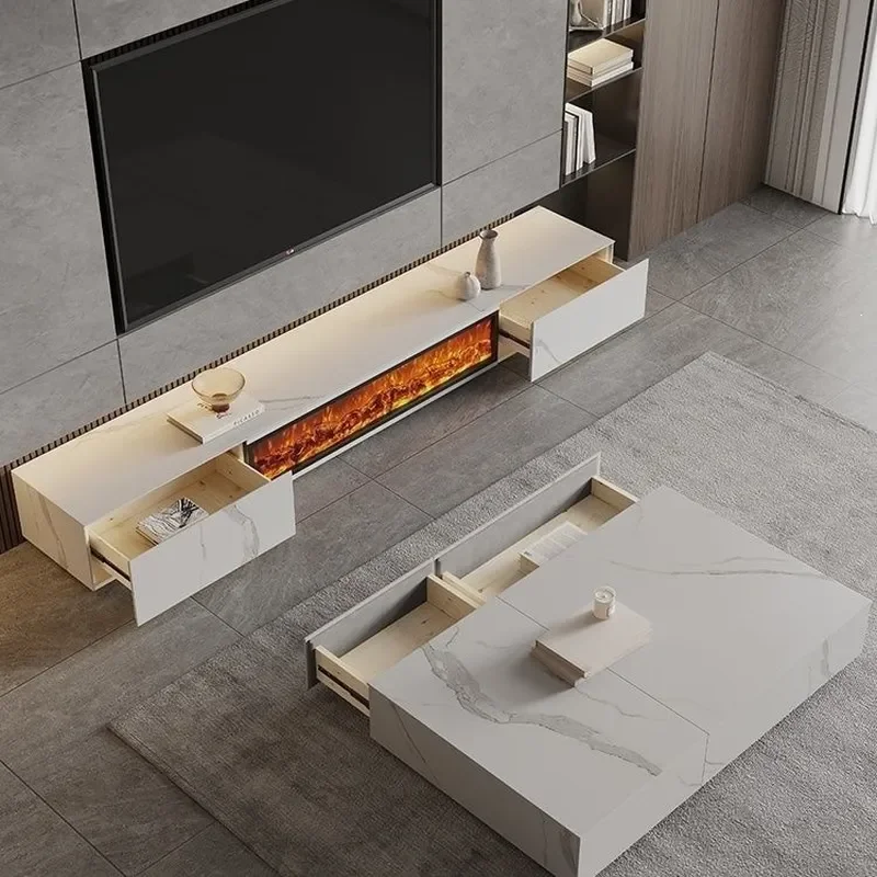 Light Luxury Rock Panel TV Cabinet Simple Modern Living Room Simulated Flame Fireplace Integrated Solid Wood Floor Console 3D