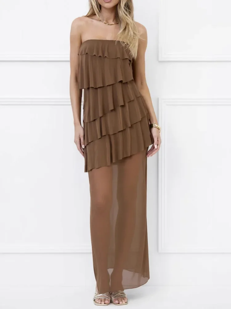 

Off-shoulder Strapless Ruffle Sexy Maxi Dress Women Fashion Mesh Patchwork Sleeveless Backless Bodycon Club Long Dress
