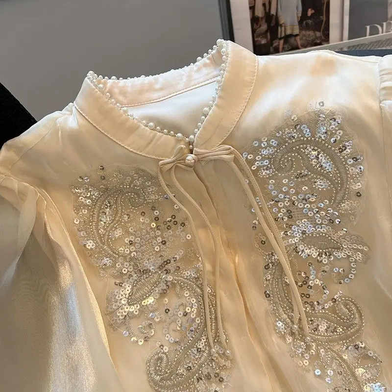 

New Chinese Style Vintage Sequin Blouse for Women Spring Autumn Design Cheongsam Inspired Top with Frog Buttons Elegant Shirt