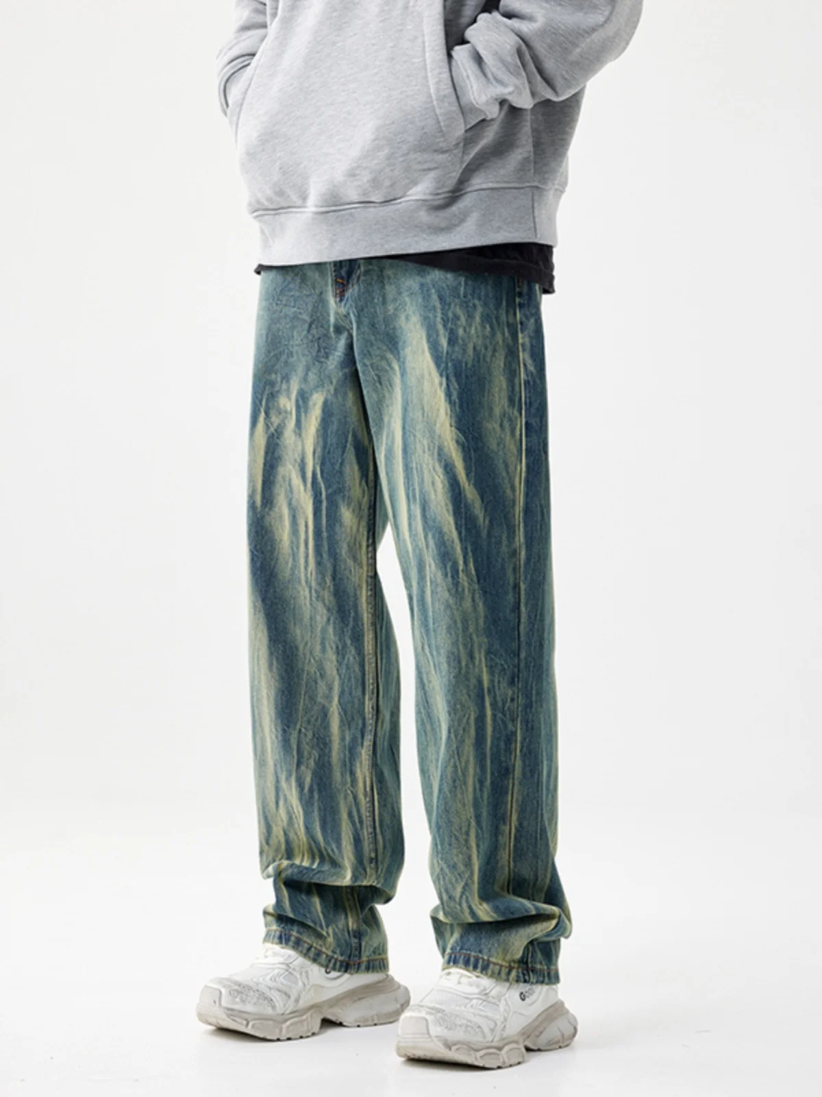 

Мужские джинсы в американском уличном стиле с эффектом тай-дай, уникальные, ретро, винтажные, прямого кроя, зауженные, длинные брюки