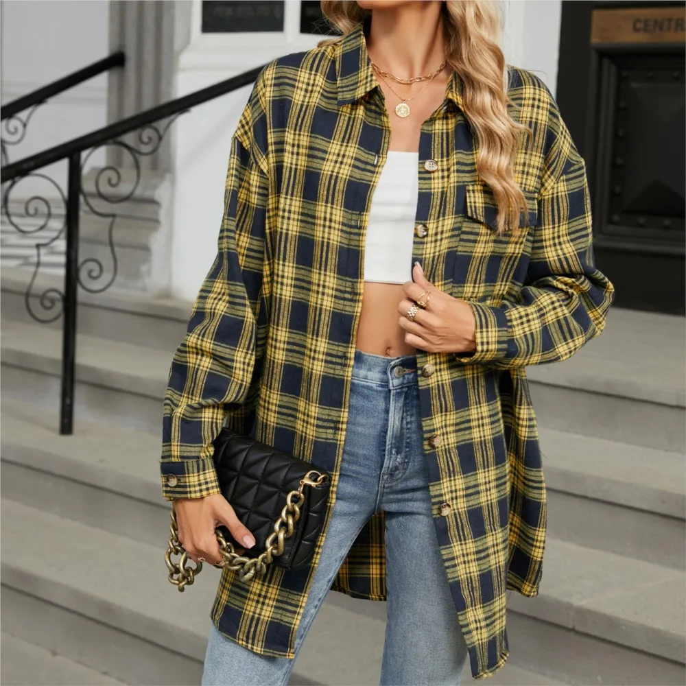 Loose Pocket Patchwork Single Breasted Cardigan Shirt For Women 2024 Autumn/winter Checkered Shirt Brushed Long Sleeved Blouses