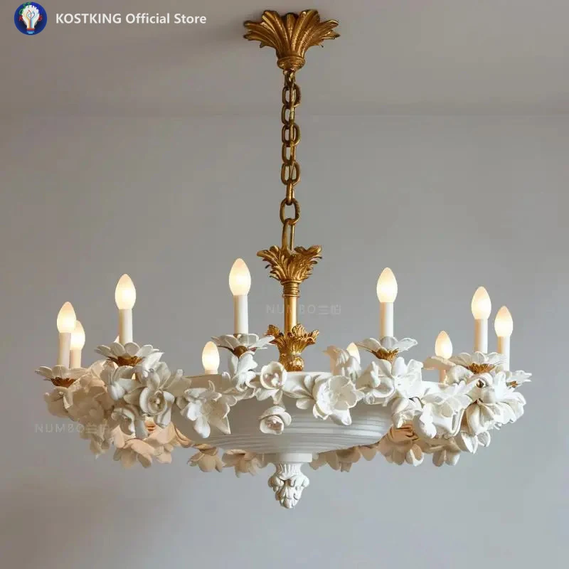 European-Style 3D Relief Flower LED Chandelier Light For Living Room Castle Hotel Church Luxury Copper Resin Gypsum Chandeliers