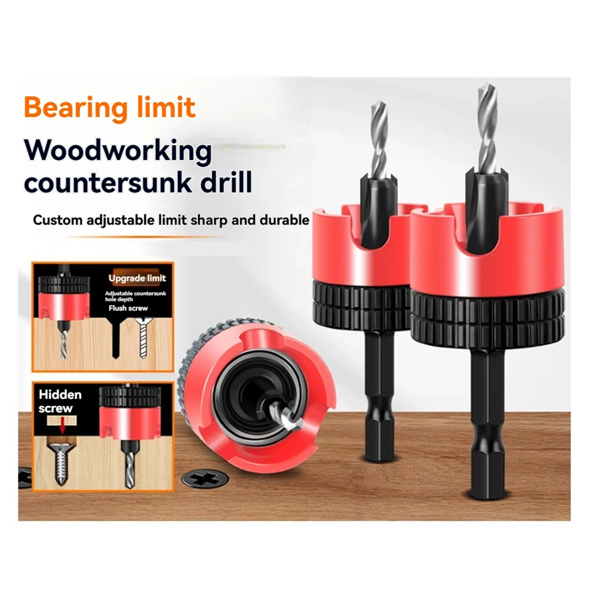 N18R 2PC Woodworking Limit Countersink Drill Non Slip Hexagonal Shank with Bearing Adjustable Step Drill Screw Opener