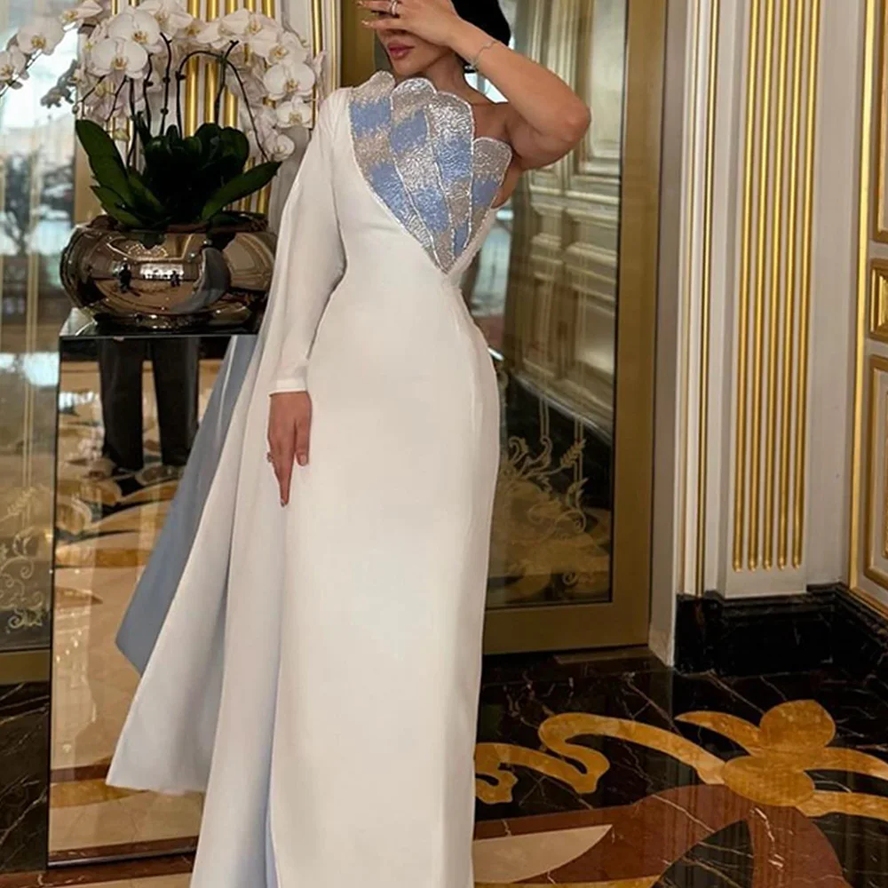 

Dubai Evening Caftan Dress Straight One Shoulder Long Sleeves Floor Length Watteau Train Crystal Fashion Bespoke Occasion Gowns