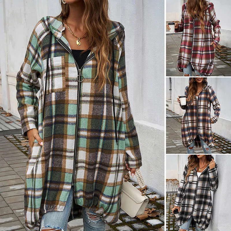 2024 Autumn Hoodie Women's Casual Sweatshirt Creative Coat Checkered Stripe Hooded Sweatshirts Jacket Coat Long Sleeve CYXX174