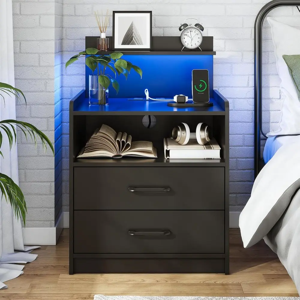 

Modern LED Nightstand with Dual USB Charging Ports, Open Storage, and Black Finish