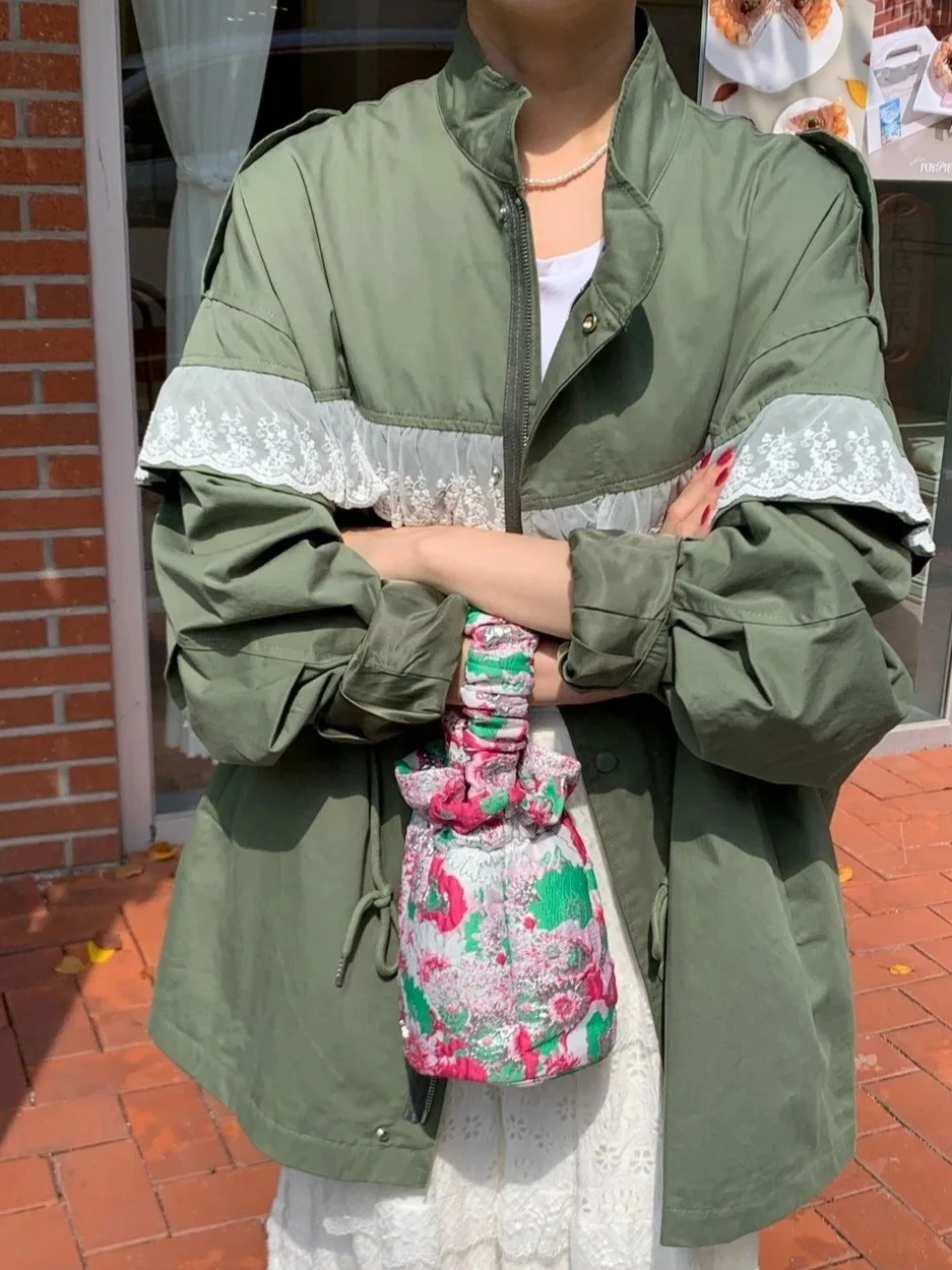 

Korean Sle Faion Splicing Lace Dstring Workwear Windbreaker Women's Autumn New Zipper High-End Feeling Top