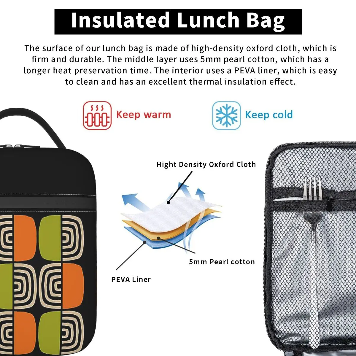 Half Concentric Circle Pattern Black Orange Green And Beig Insulated Lunch Bag for Women Children Food Boxes Thermal Lunch Box