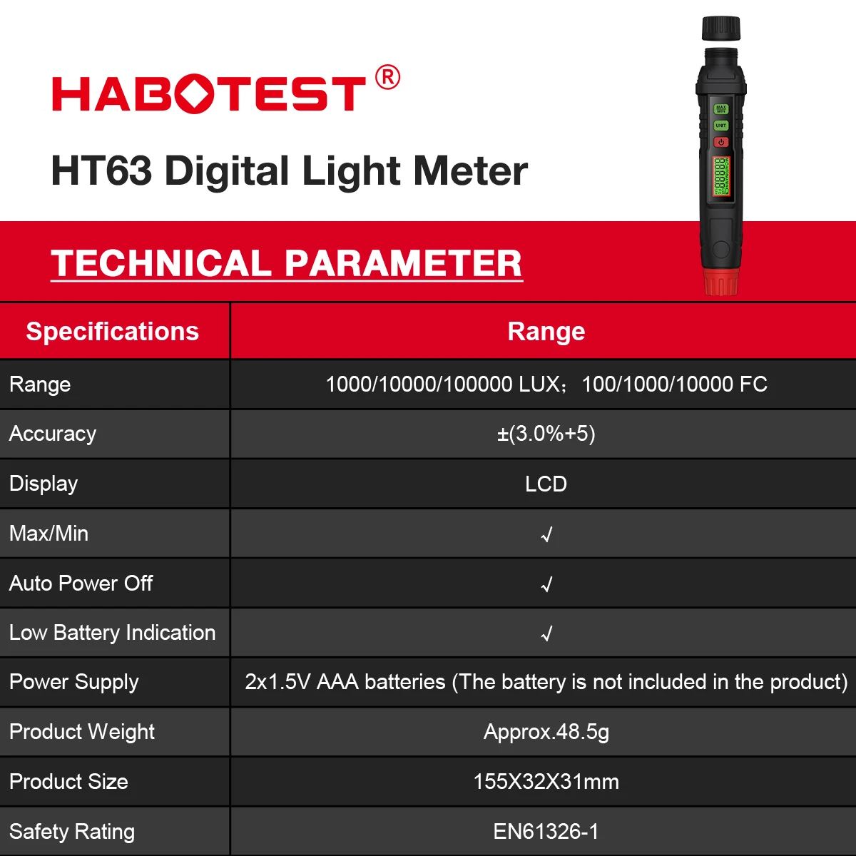 HABOTEST HT63 Mini Digital Lux Meter Digital Luxmeter LCD Display Light Meter Environmental Testing Illuminometer