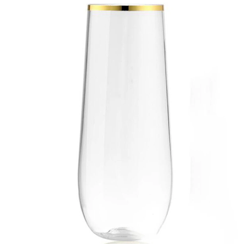 Stemless Plastic Champagne Glass Disposable 9 Oz Gold Rim Clear Plastic Toasting Glasses Shatterproof Recyclable