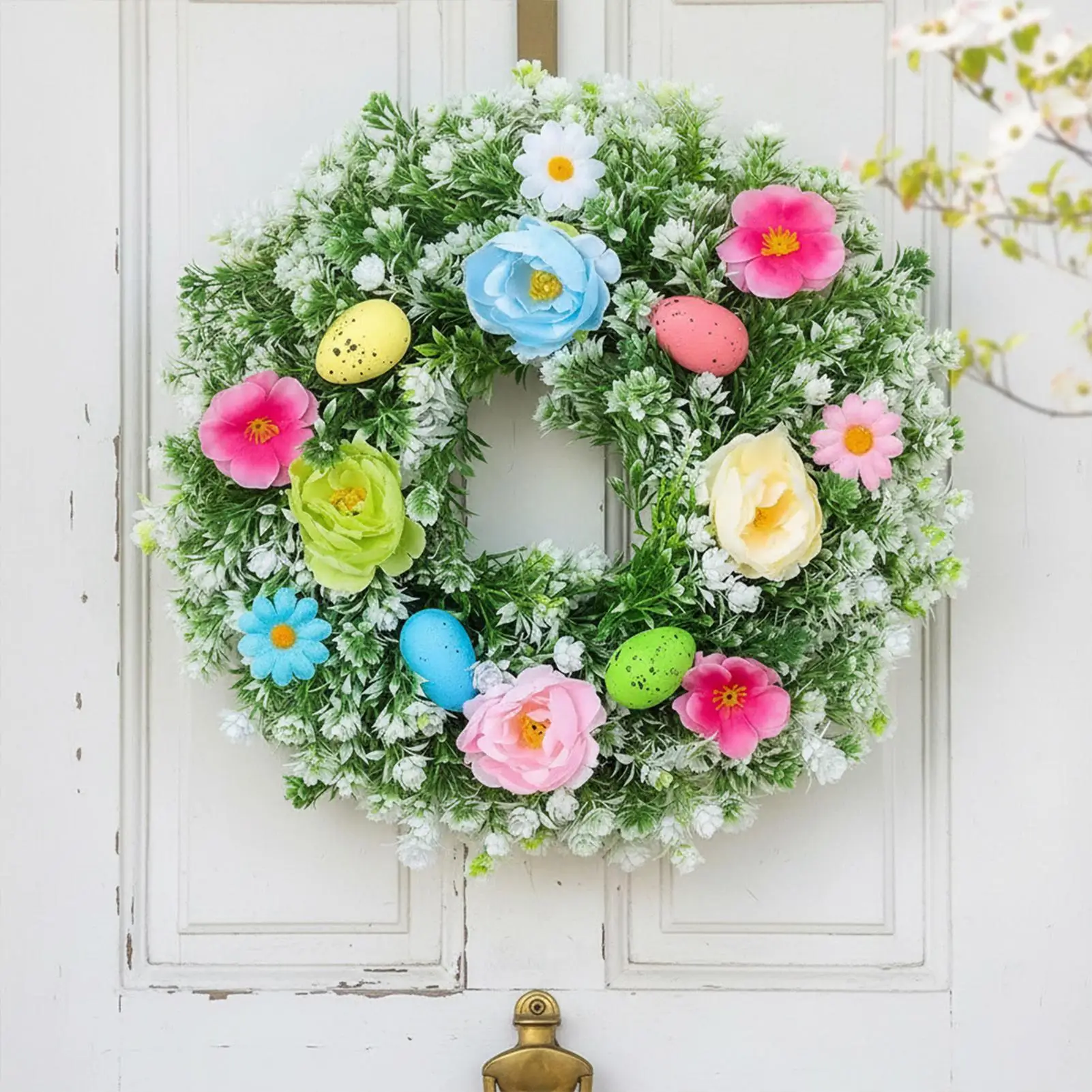 

Пасхальный венок с разноцветными яйцами и цветами, гирлянда с надписью, 13,78 дюйма, искусственный пасхальный венок в стиле фермерского дома для дома, улицы, веранды