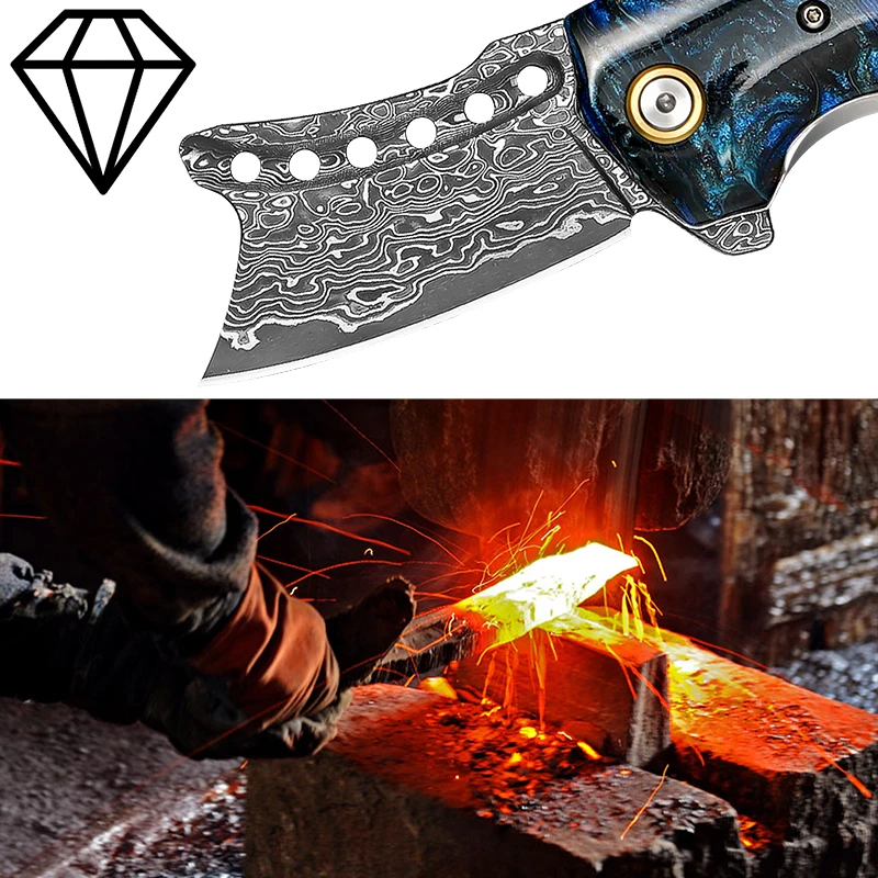 Handmade Damascus Steel Pocket Knife, Men's EDC Folding Knife,Camping Adventure,Outdoor Hunting Survival Kitchen Carrying Knife view 4