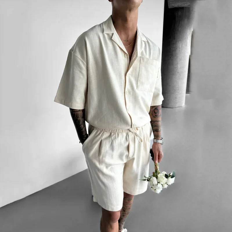 Hip Hop Casual Button Lapel Shirt Top & Shorts Men Outfit Spring Solid Color Two Piece Set Man Summer Short-sleeved T Shirt Suit