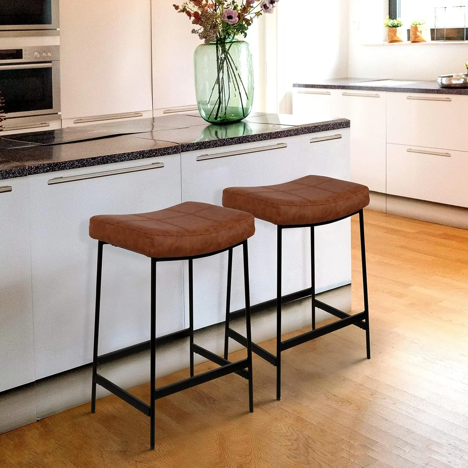 

Aupodin CH005 Backless Barstools Set of 2 Upholstered Saddle Seat for Kitchen Modern Counter Bar Stools with Thick Cushion