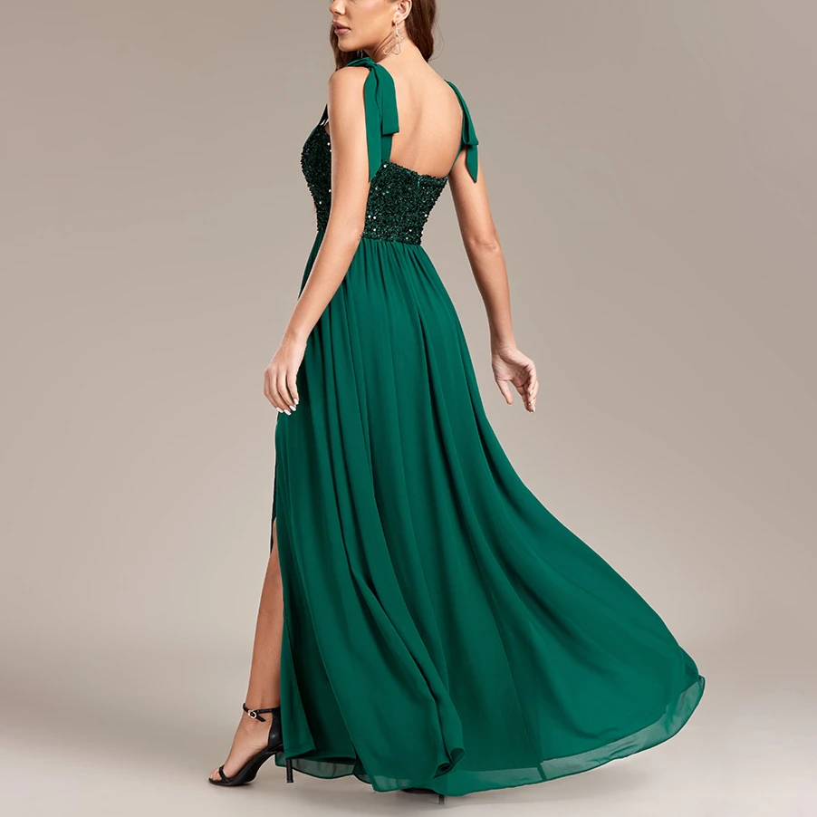 Robe de soirée fendue taille haute à lacets pour femmes, robes de graduation, robe longue à paillettes, vert, mode sexy, dos nu, fibre