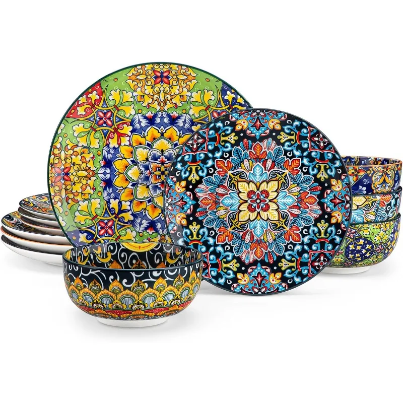 

12 Pieces Dinnerware Sets, Plates and Bowls Set, Porcelain Dishes Set for 4, Microwave and Dishwasher Safe,