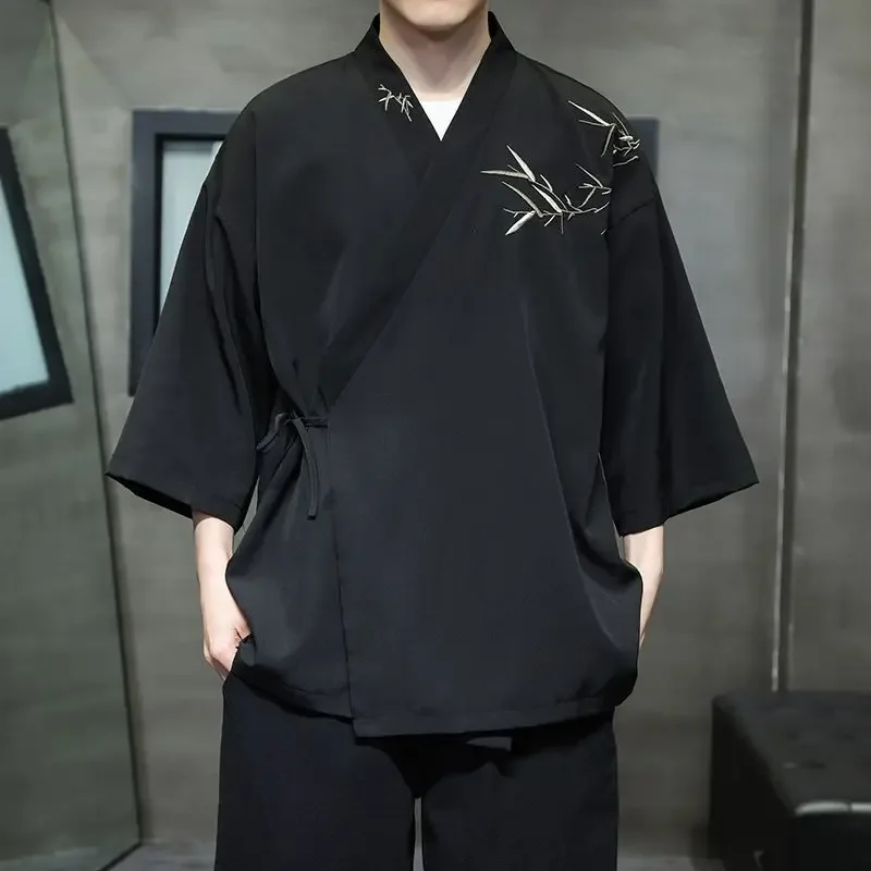 Chinese Style Black White Bamboo Leaf Three Quarter Sleeve Cardigan Taoist Robe Men's Ancient Zen Tea Layman Tang Suit Jacket