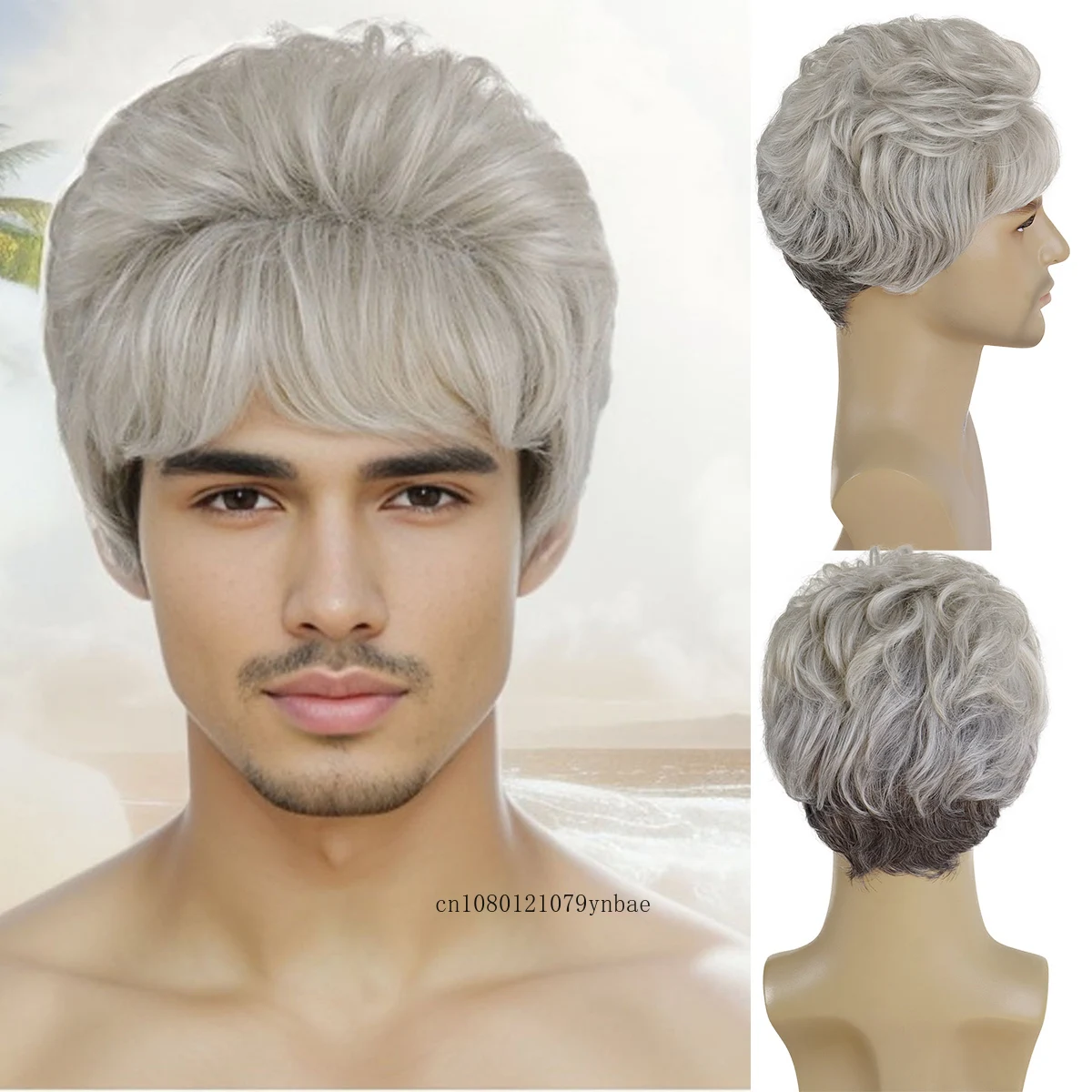 Silver Grey Older Grandpa Synthetic Wig with Bangs for Men Male Layered Natural Wavy Wigs Daily Cosplay Costume Halloween Party