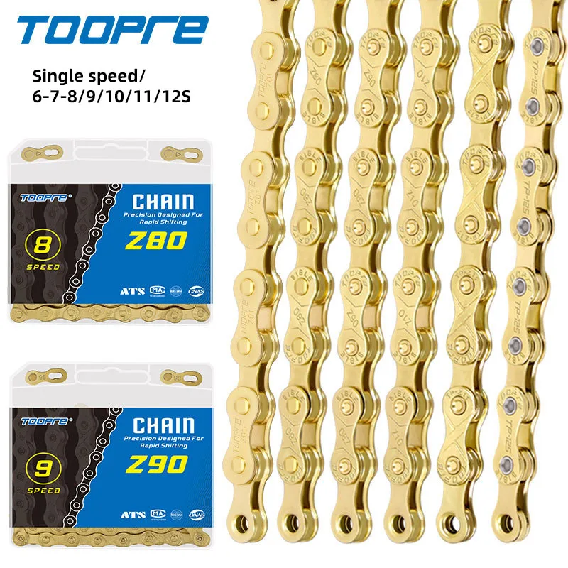 TOOPRE MTB Bicycle Chain 1/ 6/7/8 /9 /10 /11 /12 Speed Gold Mountain Road Bike Chain Electroplated and Rust-proof Variable Chain