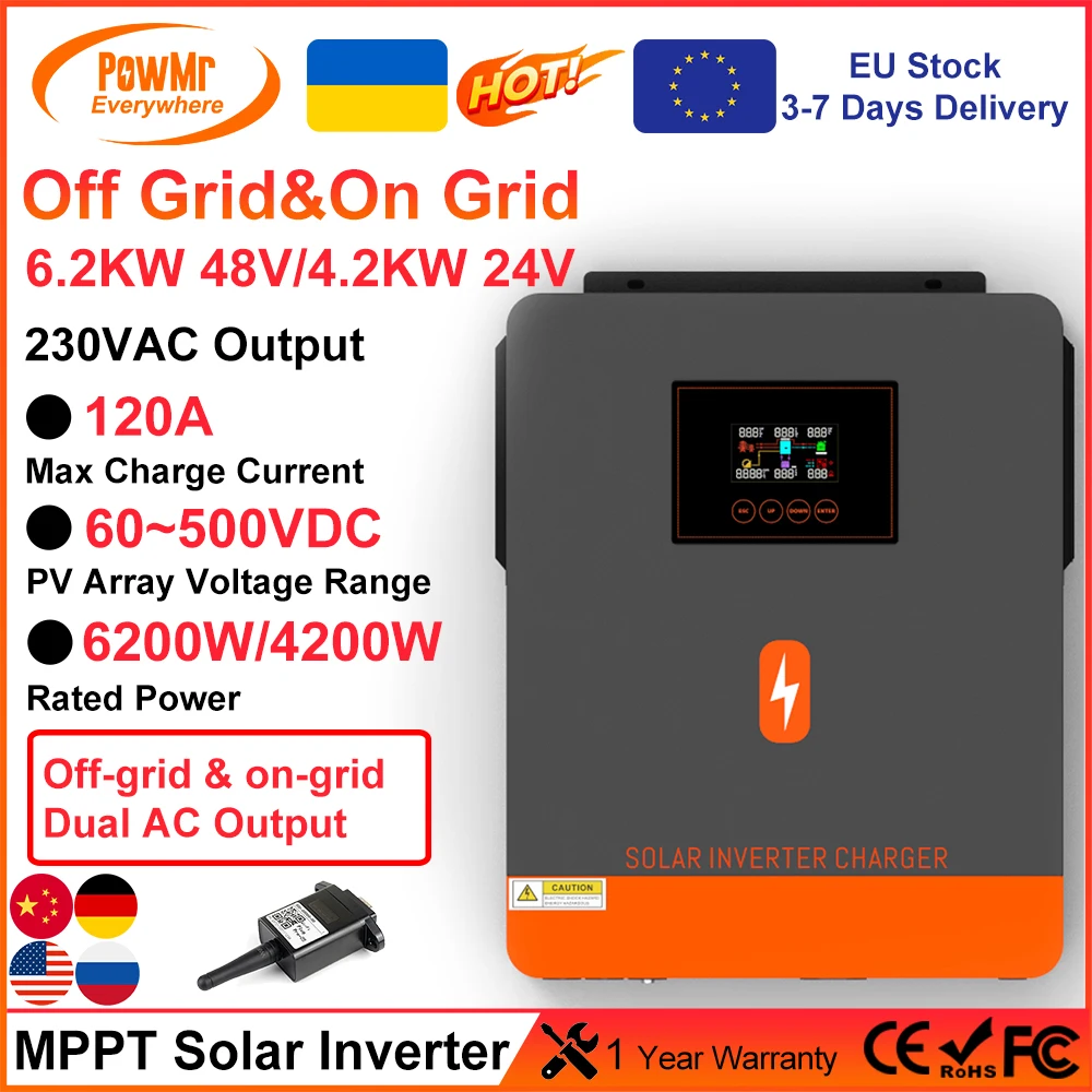 PowMr 6.2KW 4.2KW MPPT Hybrid Solar Inverter Dual AC Output 230VAC PV 60~500VDC Input 120A Solar Charge Controller Support WIFI