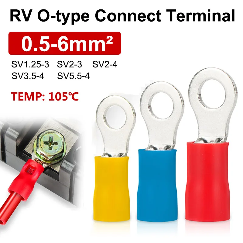 10pcs 0.5-6mm2 RV Series Connecting Terminal O-type Cable Shoes Electric Connector 4-Colors RV1.25-4 RV2-3 RV2-4 RV3.5-4 RV5.5-4