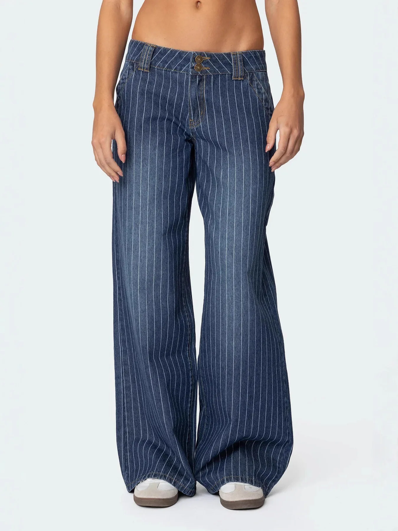 

2026 Women Washed Blue Vertical Stripe Wide Leg Jeans Loose Casual Straight Denim Trousers