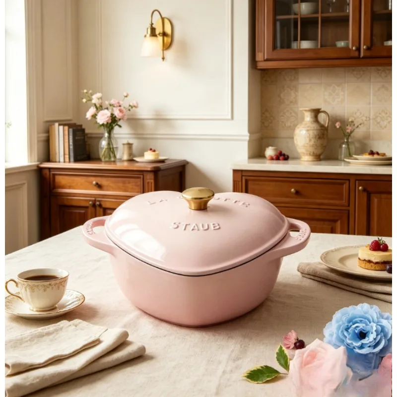 Enameled Cast Iron Heart Shaped Dutch Oven 20cm, Romantic Pot for Mousse, Rose, Dessert, Stew, Valentine's Day, Home Kitchen