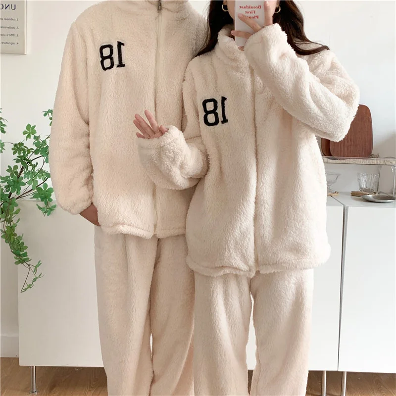 Autumn Winter Couples Flannel Thickened Warm Pajamas Women\'s Long-sleeved Zipper Plush Suit Men\'s Home Wear