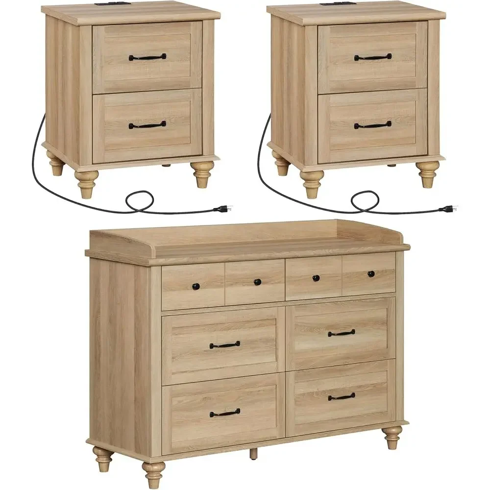 

3-Piece Oak Bedroom Set with Nightstand and Dresser featuring 6 Drawers and Metal Handles, plus Charging Station Nightstands