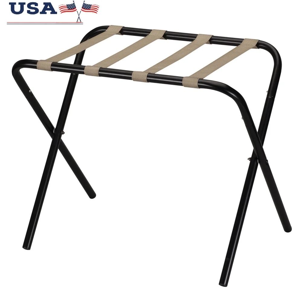 

Folding Luggage Rack Chrome Frame with Khaki Straps Sturdy Support Easy Access Keeps Luggage Off Ground Ideal Home Guest Room