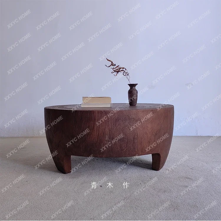 

new yj Log Tea Table Living Room round Tatami Small Tea Table B & B Silent Style Glass Solid Wood Tea Table