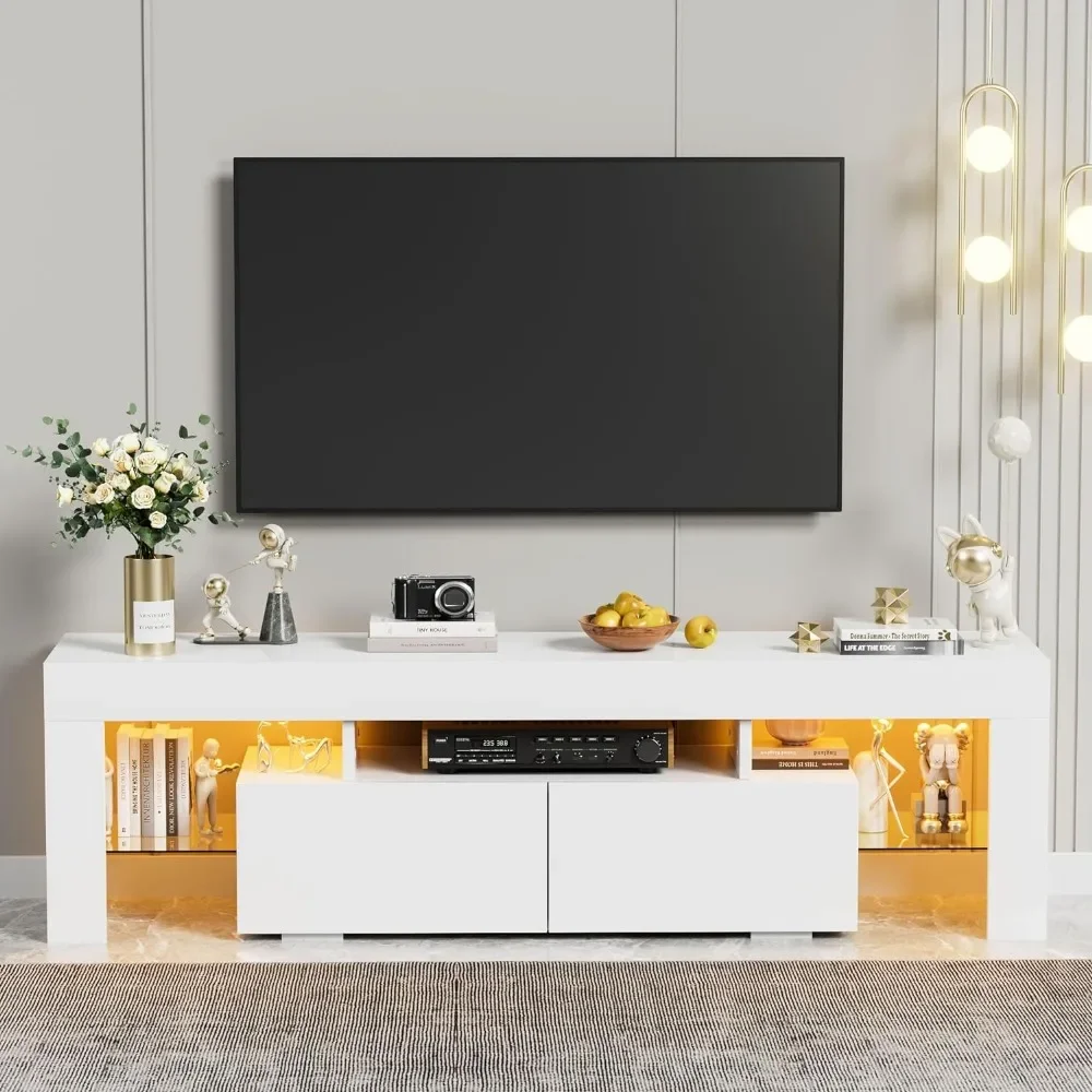 LED TV Stand for Televisions up to 70 Inch with Glass Shelves and Drawer, Gaming Entertainment