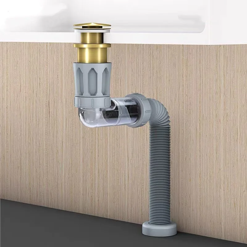 Chrome Basin Bottle Trap Brass Bathroom Sink Siphon Drains With/Without General Pop Up Drain Grey P-TRAP Telescopic Pipe Waste