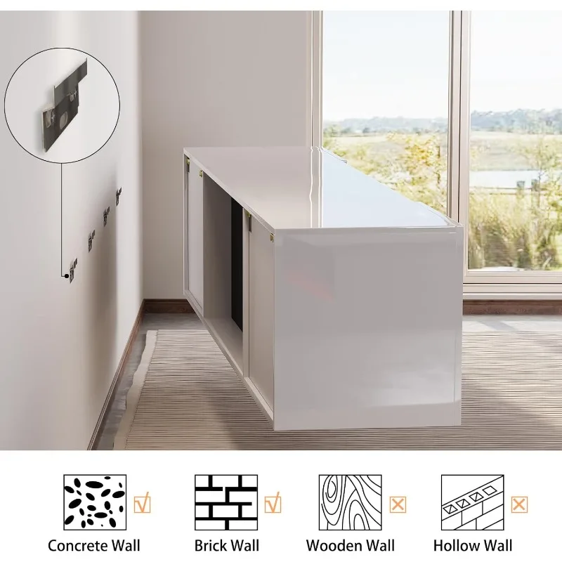 Floating Fireplace TV Stand,Wall Mounted Mirrored Entertainment Center with 40" Electric Fireplace, for TVs Up to 90", All White